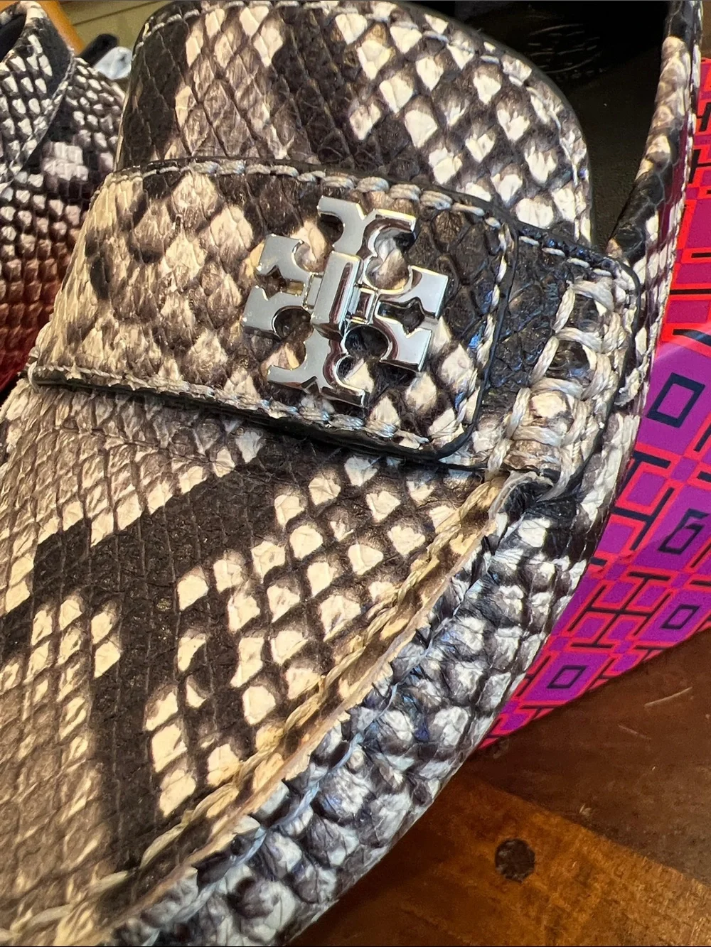 Tory Burch Snake-Embossed Penny Loafers in Black and Cream
